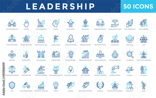 Leadership icons set with conflict management, creativity, active engagement, empathy, accountability, decisiveness, delegating authority, positive reinforcement icon. Simple outline color vector 
