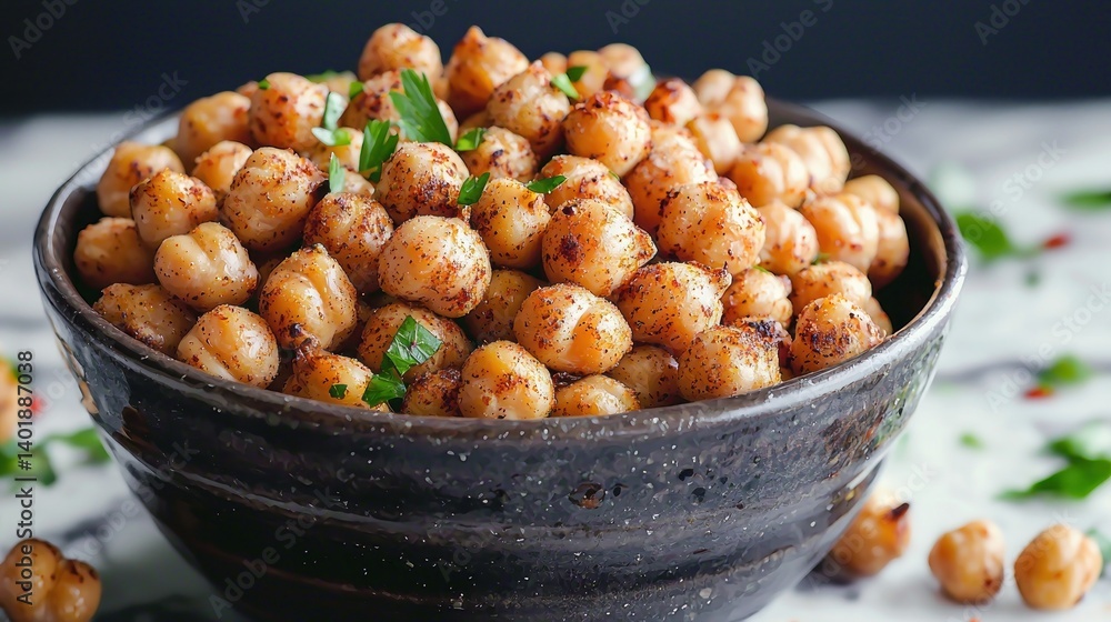 Roasted chickpeas in dark bowl on marble surface with fresh parsley Roasted chickpeas in dark bowl on marble surface with fresh parsley