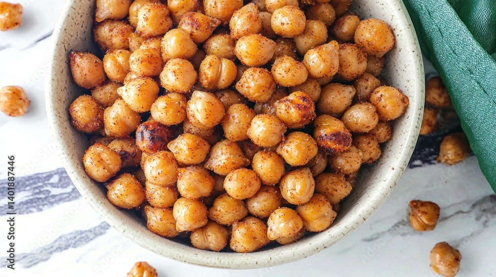 Roasted chickpeas in bowl on marble surface with leaves Roasted chickpeas in bowl on marble surface with leaves