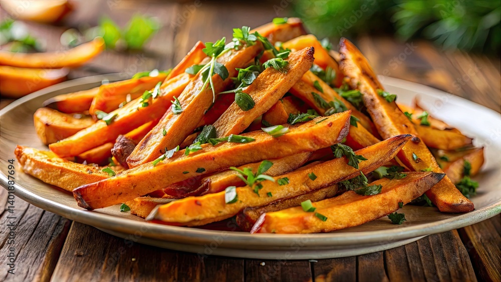 Long Exposure Sweet Potato Fries Photography: Gourmet Herb & Spice Closeup Long Exposure Sweet Potato Fries Photography: Gourmet Herb & Spice Closeup
