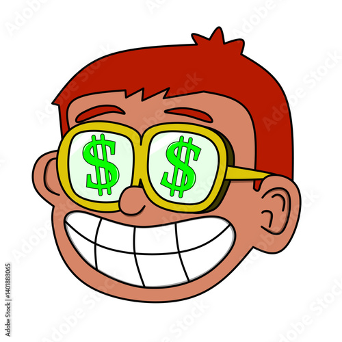 Cartoon Head with Dollar Signs in Eyes and a Wide Grin. Greedy Cartoon Character with Money Eyes and a Big Smile. vector illustration of money-grubbing people with isolated background