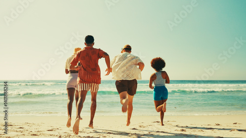 Photography Friends, back and running at beach, vacation and social in summer, waves and outdoor on adventure