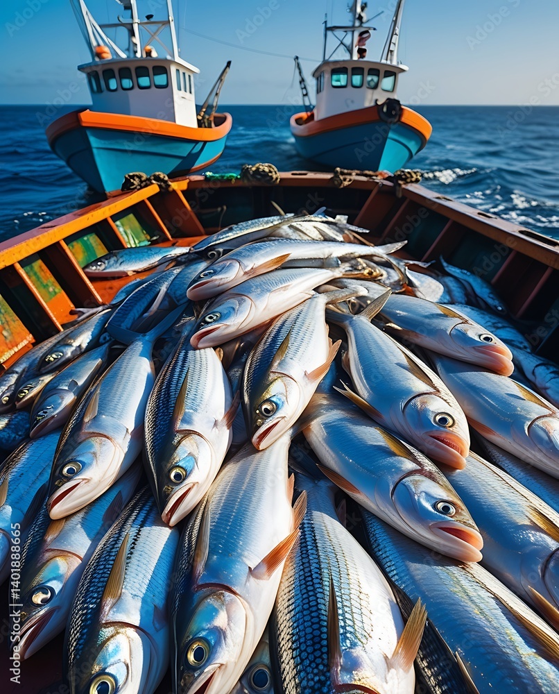 Freshly caught silver fish piled on a commercial fishing boat with trawlers in the background on open sea, representing seafood industry, fishing economy, and marine harvest.
Freshly caught silver fish piled on a commercial fishing boat with trawlers in the background on open sea, representing seafood industry, fishing economy, and marine harvest.