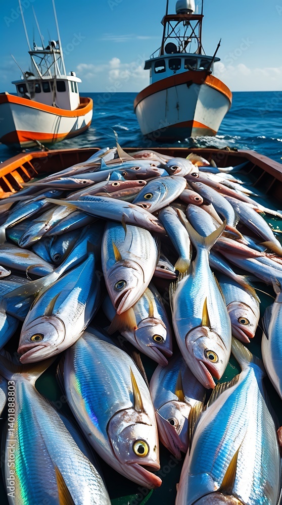 Freshly caught silver fish piled on a commercial fishing boat with trawlers in the background on open sea, representing seafood industry, fishing economy, and marine harvest.
Freshly caught silver fish piled on a commercial fishing boat with trawlers in the background on open sea, representing seafood industry, fishing economy, and marine harvest.