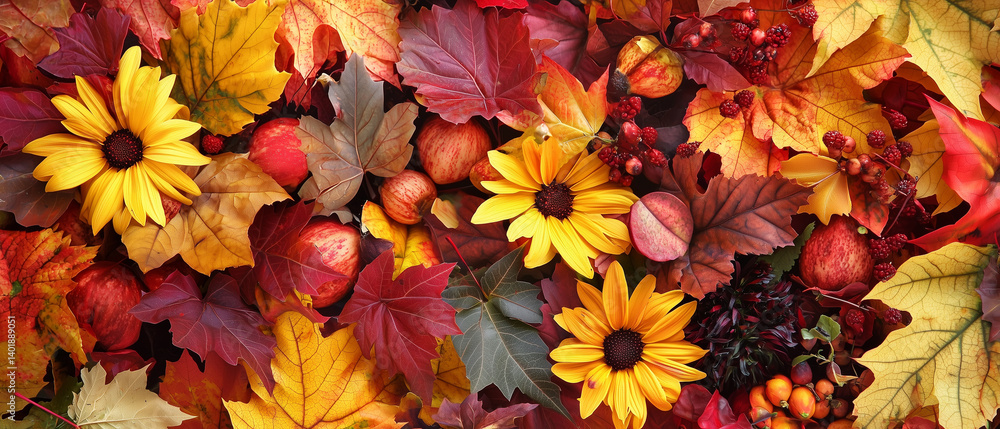 Fototapeta premium A mix of flowers and fall foliage, showcasing warm autumn hues