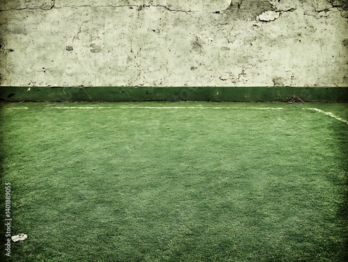 Urban sports backdrop featuring a grungy wall and vibrant astroturf lawn