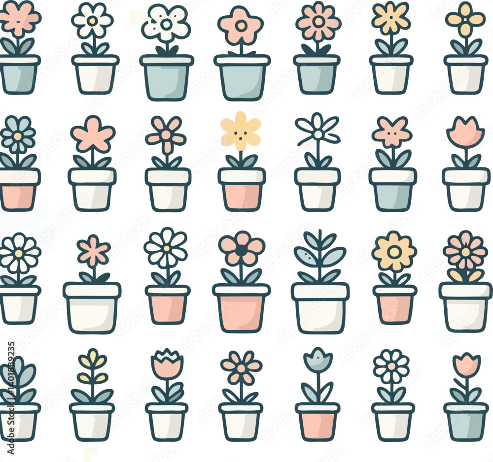 A collection of cute round flower plants in pastel colors, each in a unique pot, arranged in a seamless pattern. The flowers have smiling faces, soft rounded petals, and simple green leaf A collection of cute round flower plants in pastel colors, each in a unique pot, arranged in a seamless pattern. The flowers have smiling faces, soft rounded petals, and simple green leaf