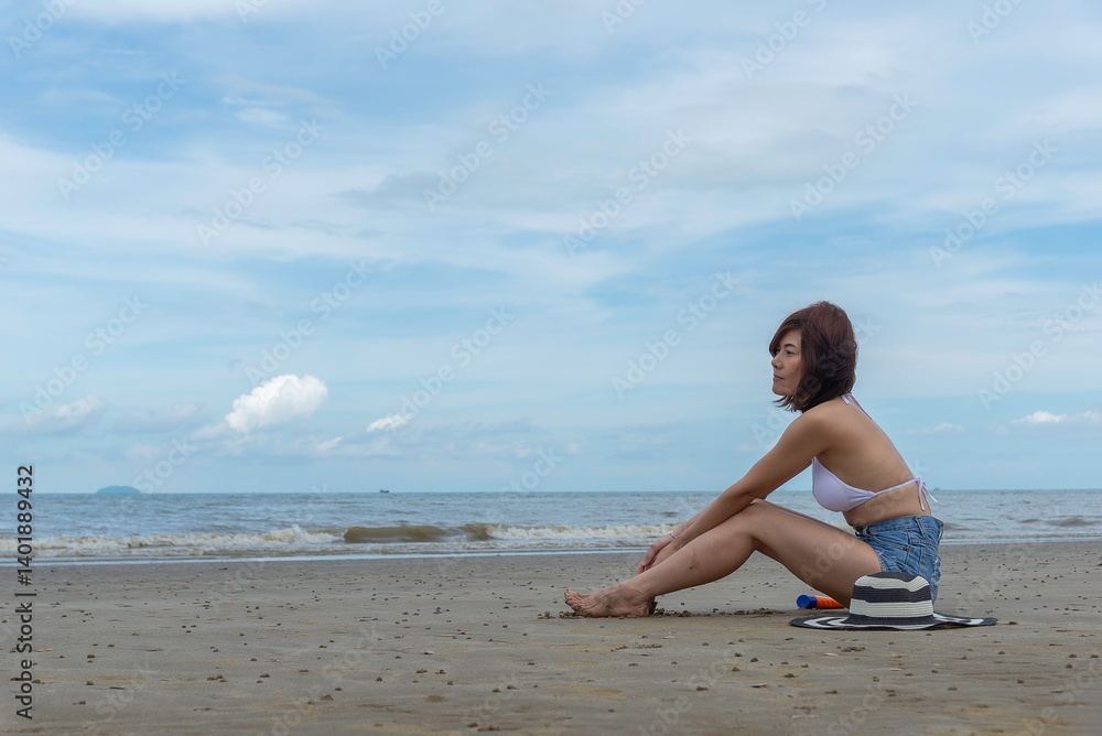 Asia happy Summer vacations Lifestyle woman relax and chill on beach background and Lifestyle and Travel Concept. Asia happy Summer vacations Lifestyle woman relax and chill on beach background and Lifestyle and Travel Concept.