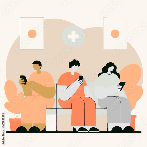 Illustration of people are sitting in the waiting room of the hospital with their phones