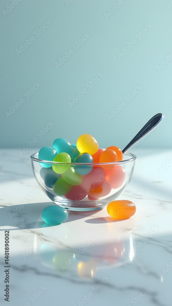 Glass bowl of colorful vitamin gummies on marble with reflective spoon. Clinical lighting questions supplement appeal in modern health. Glass bowl of colorful vitamin gummies on marble with reflective spoon. Clinical lighting questions supplement appeal in modern health.