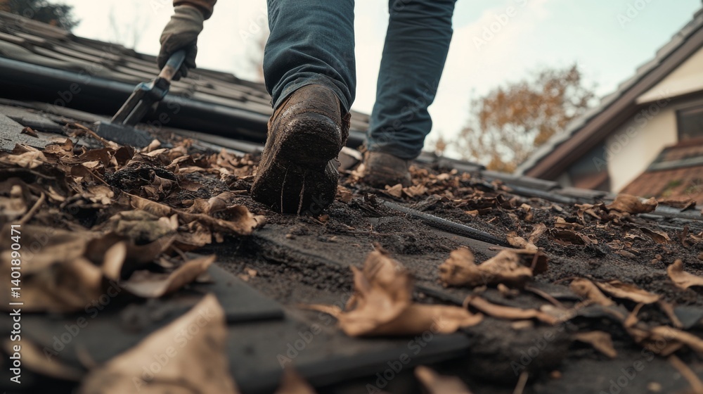 Fototapeta premium Roofing worker cleaning debris off a roof. Featuring care and efficiency