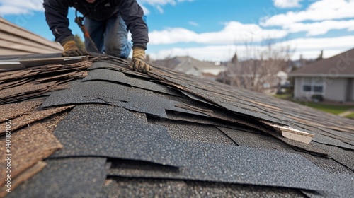 Wallpaper Mural Roofing worker inspecting a roof for damage after a storm. Featuring attention to detail and care Torontodigital.ca