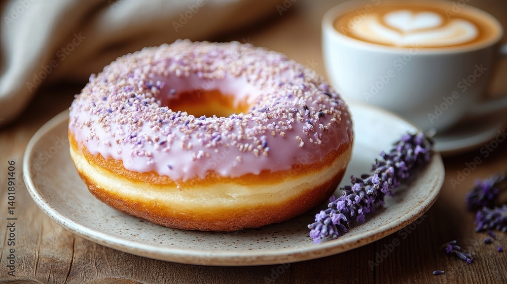Lavender-iced donut with coffee Lavender-iced donut with coffee