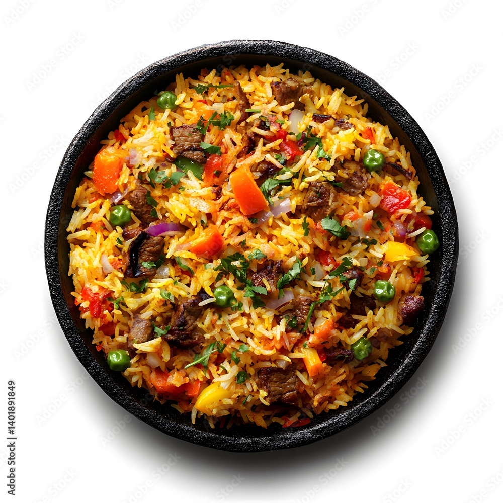 A top-down view of biryani with chicken, on a background A top-down view of biryani with chicken, on a background
