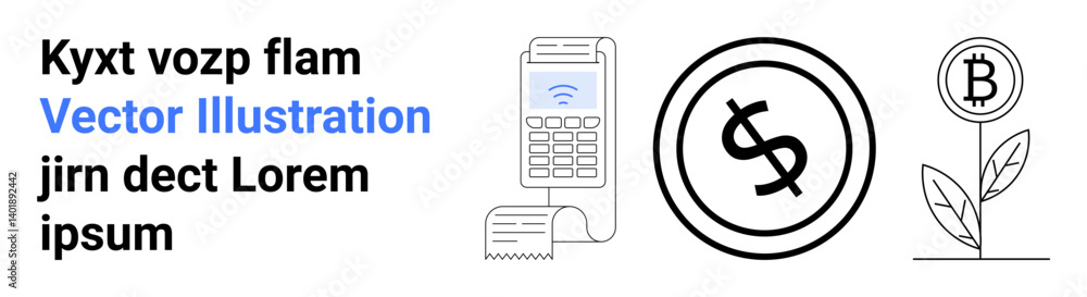 Digital payment terminal with receipt, currency symbol, and growing Bitcoin plant. Ideal for finance, banking, fintech, cryptocurrency, investments growth technology. Abstract line flat metaphor Digital payment terminal with receipt, currency symbol, and growing Bitcoin plant. Ideal for finance, banking, fintech, cryptocurrency, investments growth technology. Abstract line flat metaphor