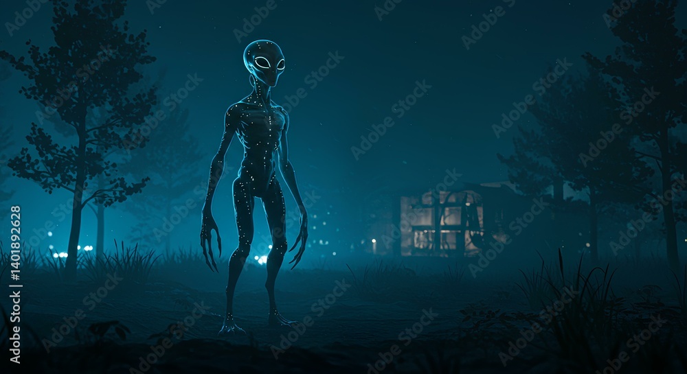 Fototapeta premium Alien Arrival on Earth - Cinematic Sci-Fi Scene with Futuristic Atmosphere
