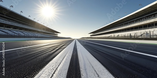 Empty professional race track with dynamic tire marks and sunrise lighting, symbolizing adrenaline, precision, and the spirit of motorsport and endurance racing


