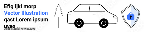 Car icon beside a shield with a lock and a tree silhouette. Ideal for vehicle security, environmental safety, transportation sustainability, automobile insurance, data privacy, ecological impact