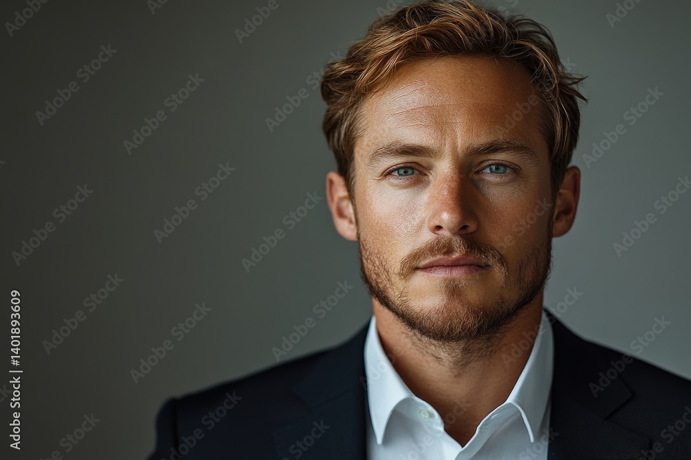 Handsome man with blond hair and blue eyes in a suit looks at the camera Handsome man with blond hair and blue eyes in a suit looks at the camera