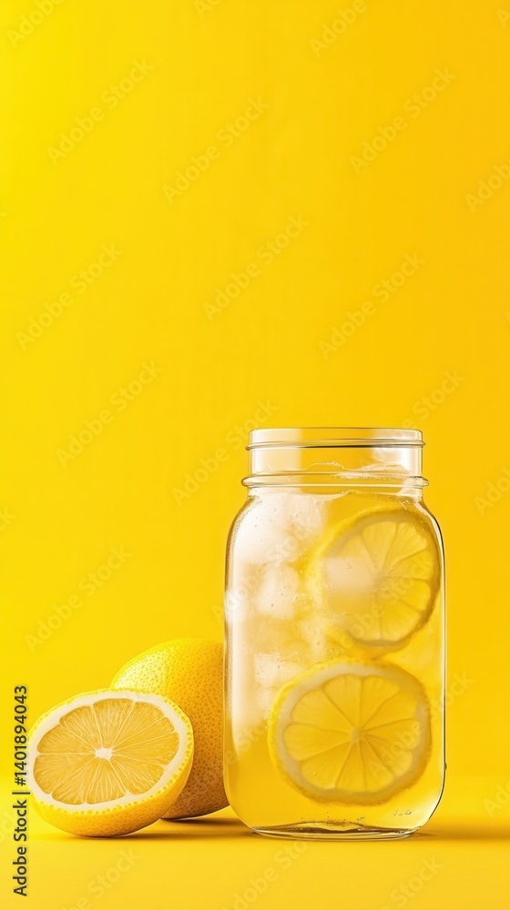 lemonade day concept. Refreshing lemonade in a jar with lemon slices on a bright yellow background. lemonade day concept. Refreshing lemonade in a jar with lemon slices on a bright yellow background.