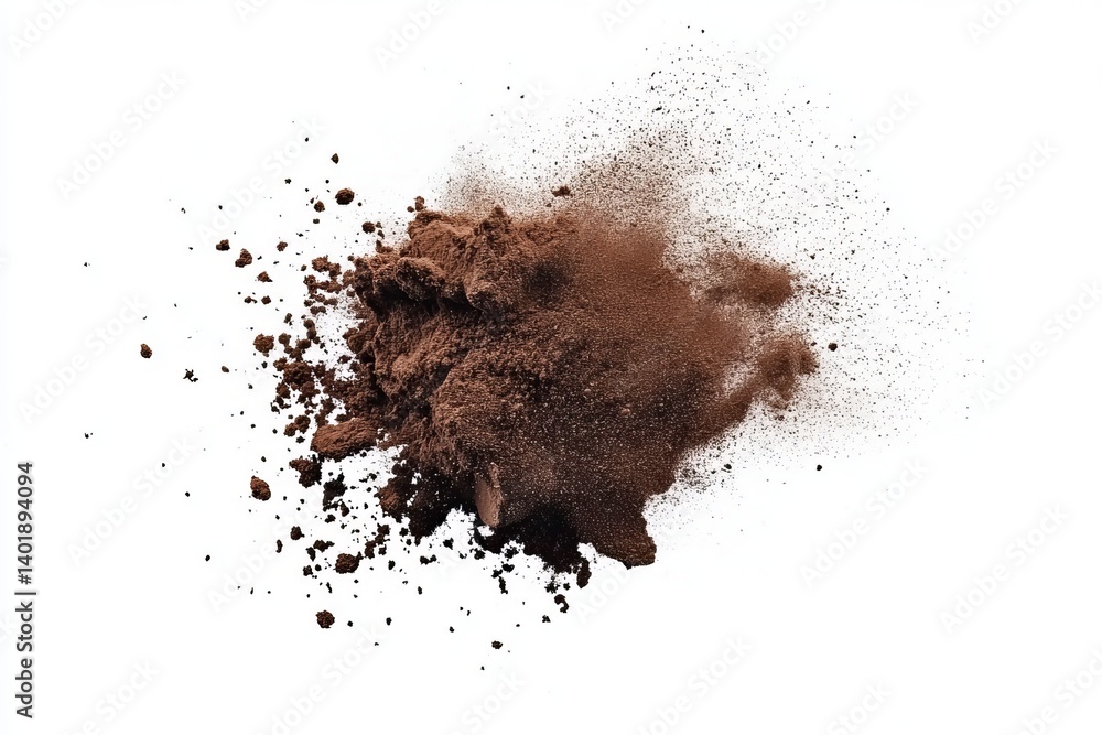 A dark brown powdery dust explosion on a white background eye shadow brush A dark brown powdery dust explosion on a white background eye shadow brush