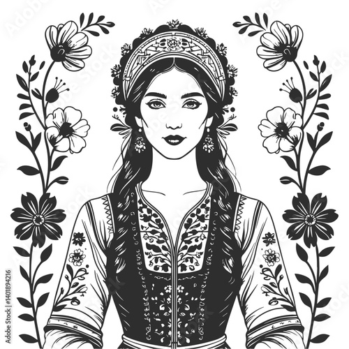 Ukrainian woman in traditional embroidered attire with headscarf, cultural identity and national pride sketch engraving. 