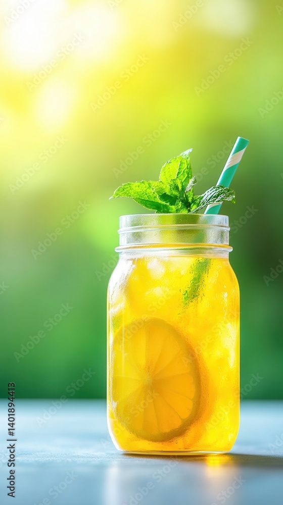 lemonade day concept. Refreshing lemon drink in a jar with mint and a straw. lemonade day concept. Refreshing lemon drink in a jar with mint and a straw.