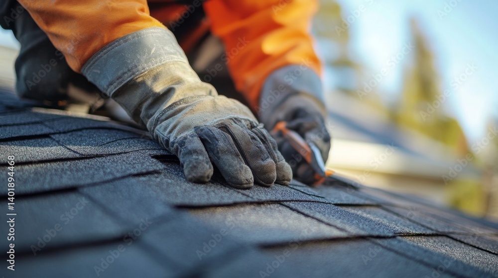 Roofing worker replacing damaged shingles on a roof. Featuring skill and safety Roofing worker replacing damaged shingles on a roof. Featuring skill and safety