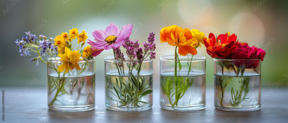 Flowers arranged in a glass container with water. Flowers arranged in a glass container with water.