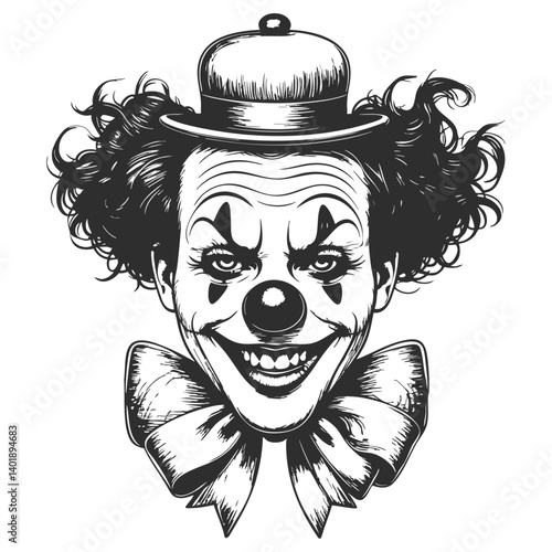 Clown face with curly hair, exaggerated makeup, and a ruffled collar in retro engraving style. vintage artistic style sketch engraving illustration.
