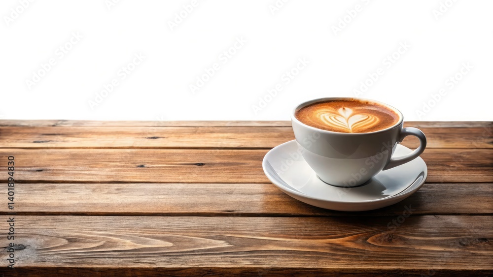 Obraz premium Morning Coffee Landscape: Cozy Cuppa on Rustic Wooden Table - Scenic Sunrise View