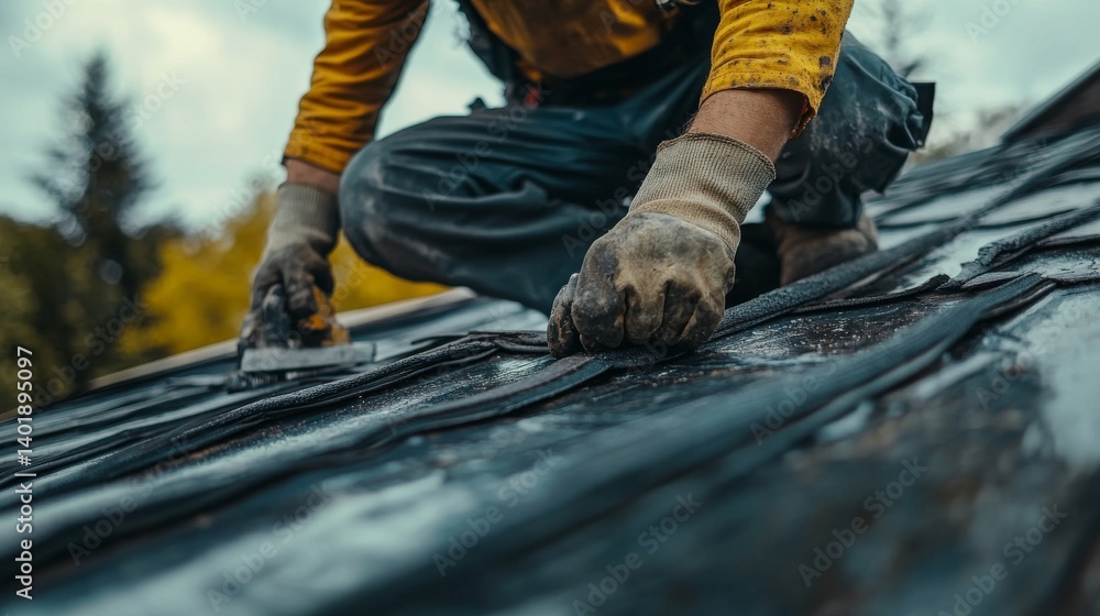 Roofing worker sealing a roof against leaks. Featuring expertise and safety