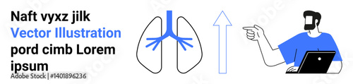 Man using laptop, lung diagram with airway anatomy, and upward arrow symbolizing growth or health improvement. Ideal for healthcare, technology, analysis, progress tracking, education, research