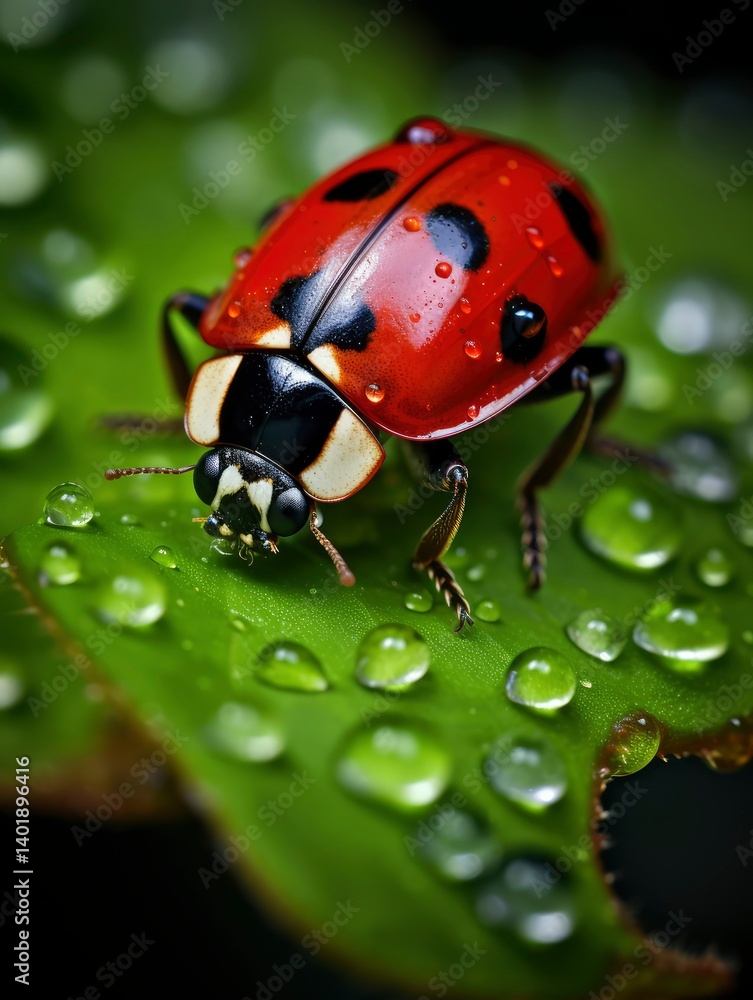 Ladybug on a Dew-Covered Leaf Macro Photography of a Seven-Spotted Ladybug Ladybug on a Dew-Covered Leaf Macro Photography of a Seven-Spotted Ladybug