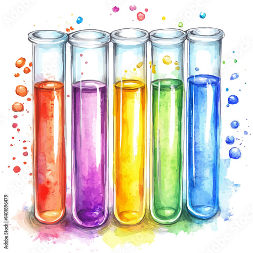 Set Of Test Tubes Filled With Colorful Liquids, watercolor vector, isolated on a white background.