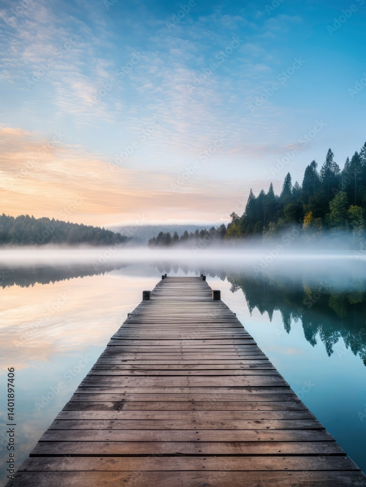 Fototapeta premium Serene Sunrise Wooden Dock Extending to Misty Lake