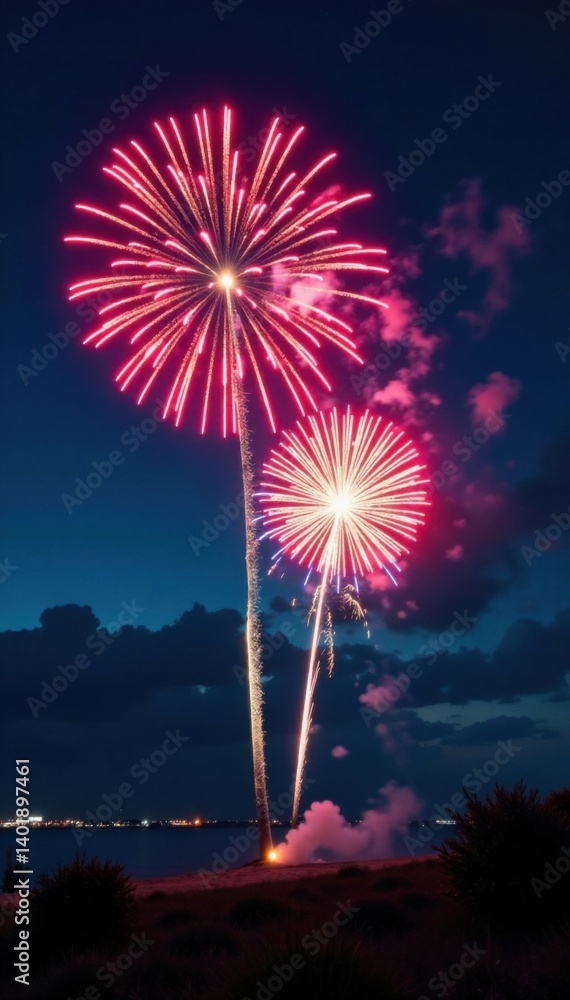 Vibrant fireworks explode in the night sky with colorful bursts and sparks , light show, burst, lights Vibrant fireworks explode in the night sky with colorful bursts and sparks , light show, burst, lights