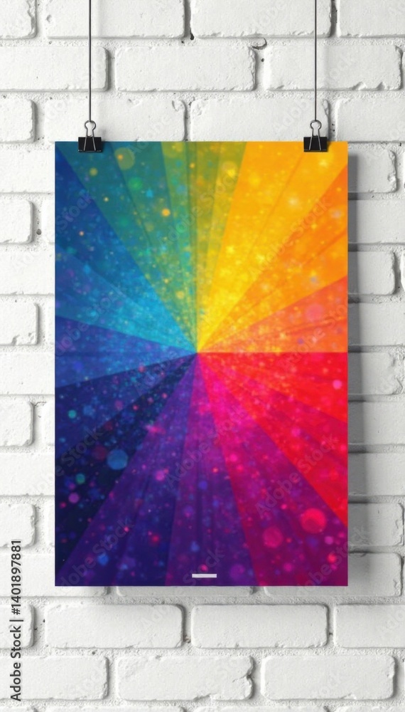 Colorful poster hanging on clips against white brick wall background, decorative, poster, clips, color