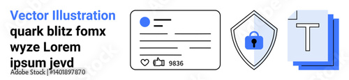 Profile information card with thumbs ups and comments, shield with lock for security, and stacked text icons. Ideal for cybersecurity, online data, identity protection, privacy, networking, digital