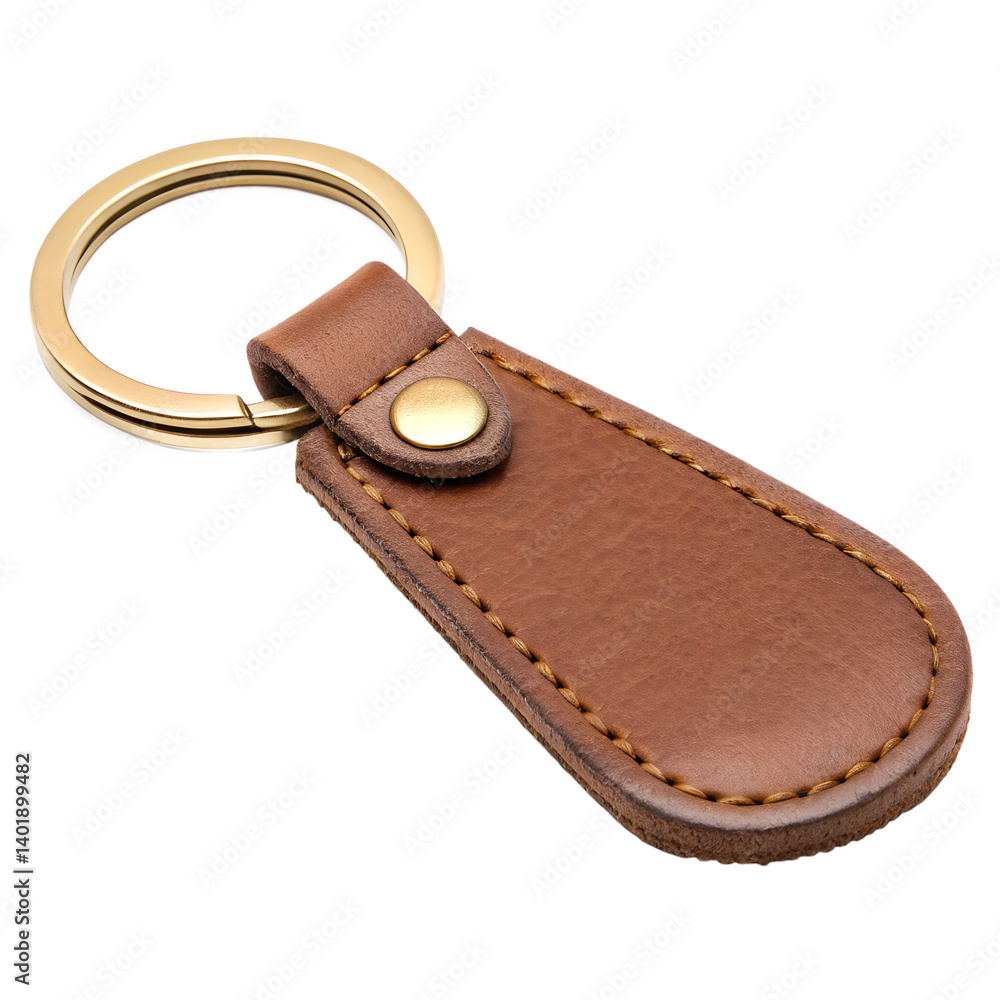 Mockup of a keychain made of brown leather, with a golden ring. Artwork for logo, brandmark, or logotype presentation. Isolated on transparent background Mockup of a keychain made of brown leather, with a golden ring. Artwork for logo, brandmark, or logotype presentation. Isolated on transparent background