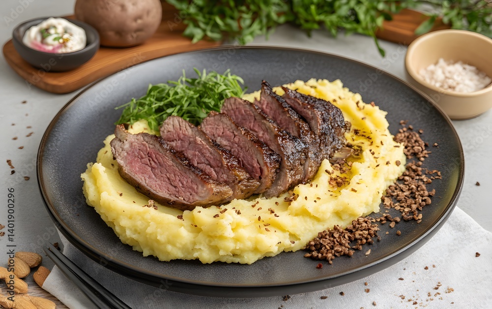 Delicious Sliced Steak with Creamy Mashed Potatoes Delicious Sliced Steak with Creamy Mashed Potatoes