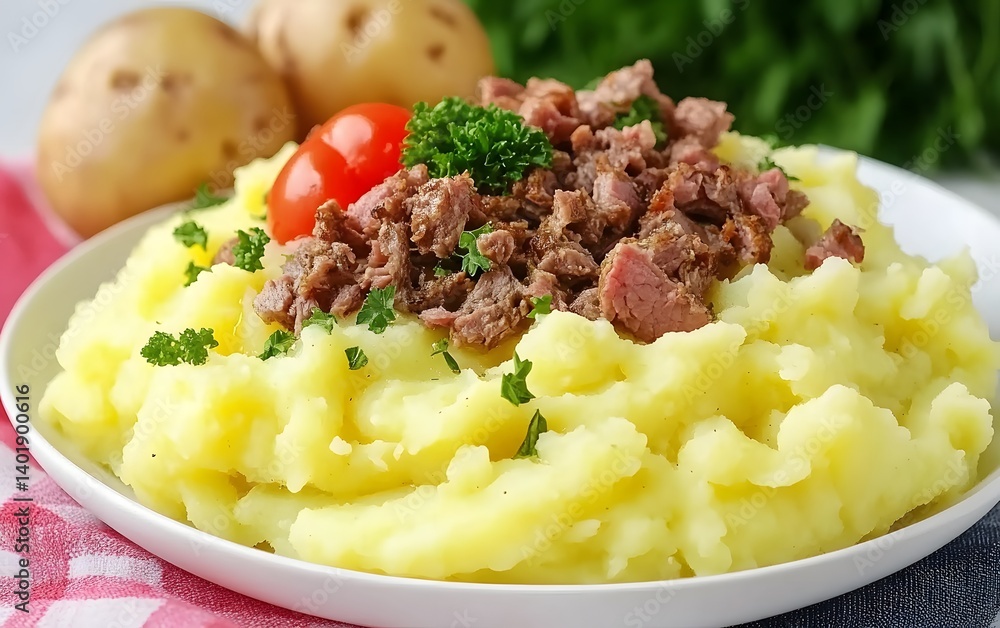 Delicious Mashed Potatoes with Beef Topping, Close-up Food Photography Delicious Mashed Potatoes with Beef Topping, Close-up Food Photography