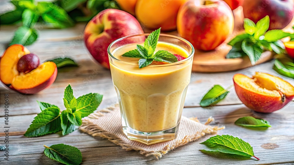 Refreshing Peach Smoothie with Fresh Mint in a Stylish Glass, Perfect for Summer, Healthy Drink, Tropical Vibes, Vibrant Colors, Smoothie Recipe, Fruit Smoothie, Mint Garnish Refreshing Peach Smoothie with Fresh Mint in a Stylish Glass, Perfect for Summer, Healthy Drink, Tropical Vibes, Vibrant Colors, Smoothie Recipe, Fruit Smoothie, Mint Garnish