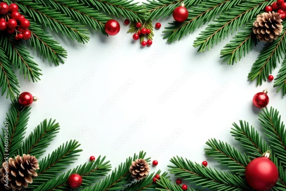 Lush fir branches with rustic pine cones and seasonal foliage form a festive border, Woodland Atmosphere , Fir Branches