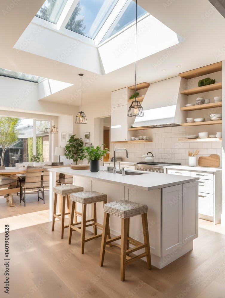 Bright Modern Kitchen with Skylights and Island Seating Bright Modern Kitchen with Skylights and Island Seating