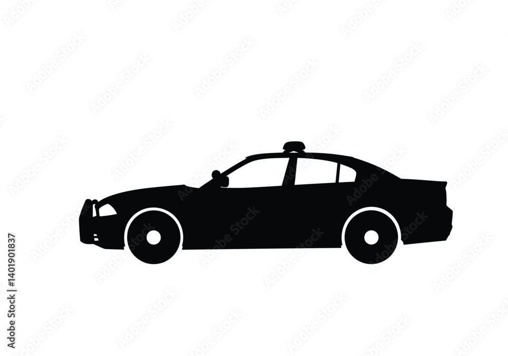 Police car silhouette. This image features a bold black silhouette of a police car with a siren and clean contours, symbolizing authority. Vector black clipart illustration design.