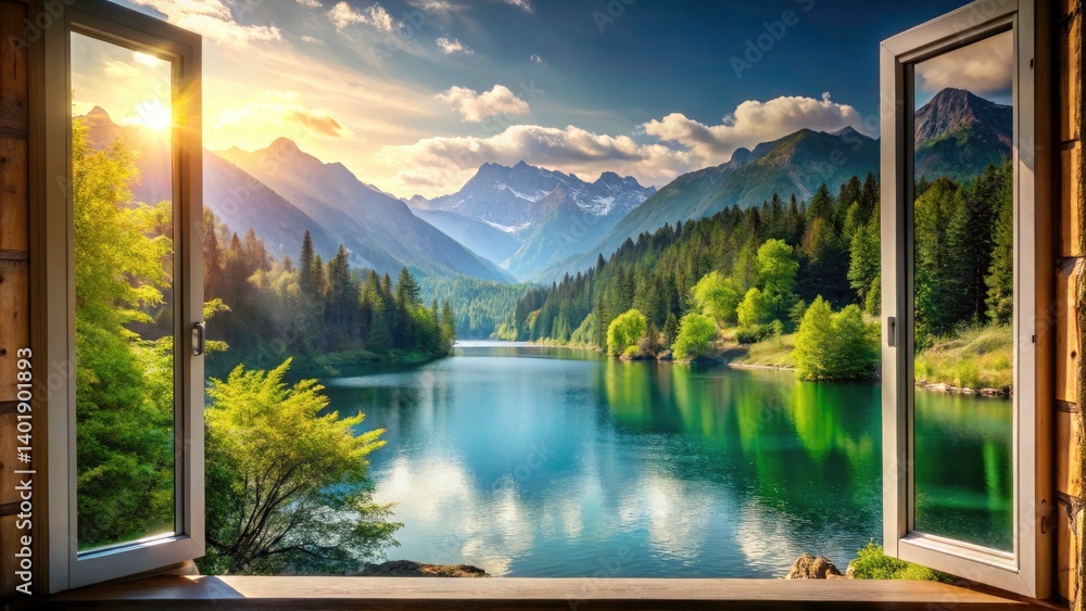 Obraz premium Scenic View from Window of Majestic Mountains and Serene Lake - Nature Photography, Landscape, Tranquility, Outdoor Beauty, Scenic Escape, Window
