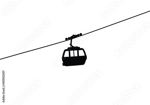 Cable car silhouette. This image features a bold black silhouette of a cable car suspended on wires, perfect for outdoor and tourism themes. Vector black clipart illustration design.
