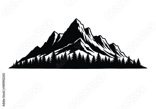 Mountain and trees silhouette. This image depicts bold black outlines of jagged mountain peaks surrounded by a dense forest of tall trees. Vector black clipart illustration design.