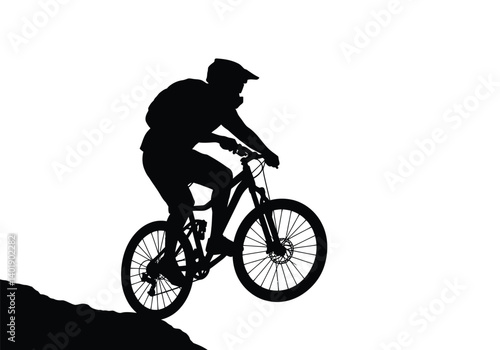 Mountain biker silhouette. A bold black silhouette of a cyclist riding uphill on a mountain bike, emphasizing motion and outdoor adventure. Vector black clipart illustration design.